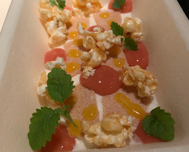 GUAVA CHEESECAKE Caramelized popcorn, lemon gel and sablé butter cookies...