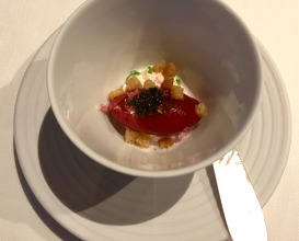 stellar beetroot sorbet with sour cream and crouton topped with caviar