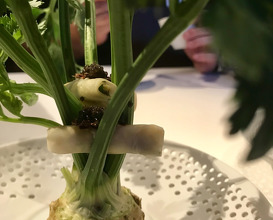 tasty celery crudo stuffed with mushroom and topped with caviar 