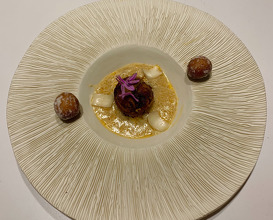 11. Spanish Omelette "Takoyaki" Filled With Pickled Mussels, Spiced Velouté Of "Palo Cortado" Wine And Stewed King Crab