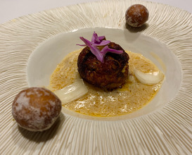 11. Spanish Omelette "Takoyaki" Filled With Pickled Mussels, Spiced Velouté Of "Palo Cortado" Wine And Stewed King Crab
