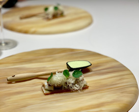 15. Crunchy "Canapé" Of Sucking Pork Skin, Little Squids, Mature Tomatoes & Dried Little Squids Marmalade, Chargrilled "Habanero" Chillies Purée & ldiazabal Cheese, Frozen Green Lemon With Coriander Root