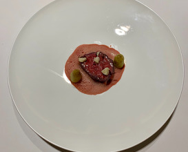 22. SIIK in your mouth Wagyu from Kagoshima 11et, marinated in toasted "mojo" of "pasilla" chillies, glutinous rice Silk & hibiscus with "beurre rose"of rhubarb
