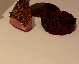 DRY-AGED DUCK Honey and Lavender Glazed with Beetroot and Sauce Civet