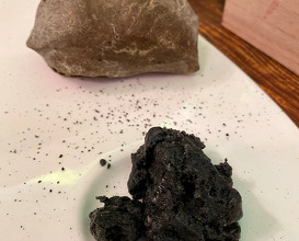 Bread with natural yeast and active charcoal from eggplant. The butter is made from the same charcoal and with the fish oil of belted bonito (Garum).