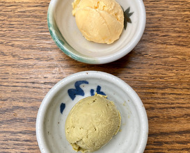 Homemade ice cream from matcha and citrus fruits