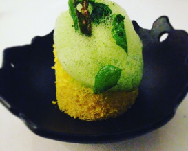 Alchemist’s cake: Dhokla; lentil flour cakes with curry leaves, mustard, chutney and coconut ice cream