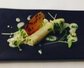 Fusion called confusion: White asparagus, chilli bean miso curry and pea sprouts 