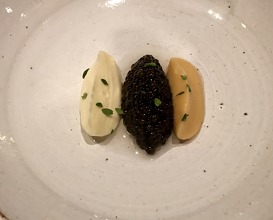 Oscietra caviar “gold” fermented yellow split peas, rendered bacon & smetana