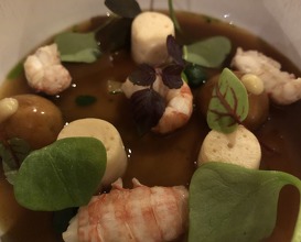 Crayfish and pike mousseline with candied lemon, crayfish heads broth infused with sweet woodruff