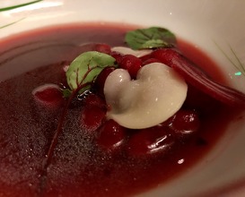 Parsnip & beetroot gnocchi without flour,Garden consomme flavoured with horseradish & old Beaufort