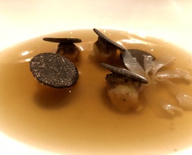 Animal broth, toast of smoked pigeon tartare, preserved celeriac, “lard” & black truffle