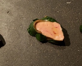 Foie gras, smoked eel, apple cooked in Italian apple vinegar, Japanese leaf