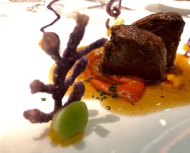 Symbolic pigeon. Roasted pigeon with blue potato and parsnip over oranges vanilla and kimchi 