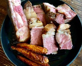 Roast wing rib, Yorkshire pudding, roast carrots, potatoes, hispi cabbage, celeriac purée, horseradish sauce, gravy