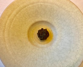 Aged caviar with salt from the west coast and emulsion of raw oysters, warm sauce of mussels and dill