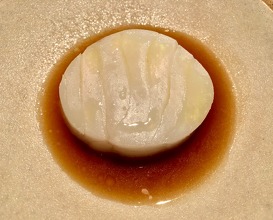 Arctic cod gently steamed with salted butter sauce of smoked scallop roe and fermented celeriac 