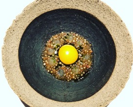 Quail egg gently cooked in roasted bone marrow cured mutton and charred onions 