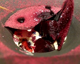 Salt baked chewy beetroot, whipped liquorice, griottes cherries and aged violet vinegar