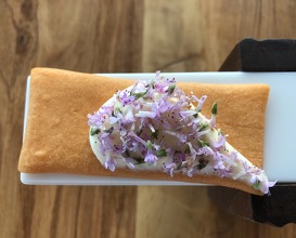 Grana Padano crackers, Fresh cream and thyme flowers 