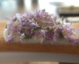 Grana Padano crackers, Fresh cream and thyme flowers 