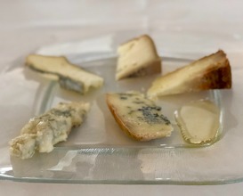 Cheese selection including Fontina and two kinds of Gorgonzola 