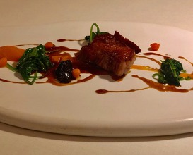 Candied black pork neck with plums and sweet potato