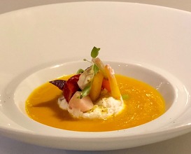 Carrot soup, ricotta cheese “in salvietta” sweet and sour vegetables and roots 