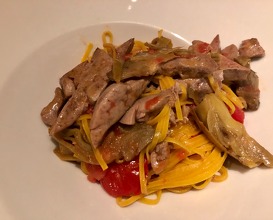 Tajarin with artichokes, rabbit liver and fresh tomatoes 