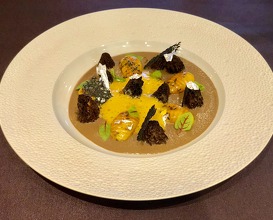 Yellow and brown morels, mousseline of morel, roasted gnocchi with poultry broth and savoury flavours, licorice zabaglioni 