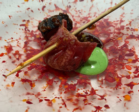 9. steamed and yakitori chargrilled duck dumpling, canariarn "mojo", creole duck juice and green mustard. Duck heart