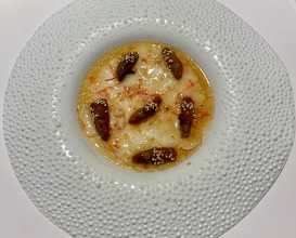 14. Upside Down Fried Red Prawn Carpaccio With Sea Urchin, Sesame And Ponzu made of Green Shiso. Bearnaise Sauce
