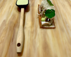 15. Crunchy "Canapé" Of Sucking Pork Skin, Little Squids, Mature Tomatoes & Dried Little Squids Marmalade, Chargrilled "Habanero" Chillies Purée & ldiazabal Cheese, Frozen Green Lemon With Coriander Root