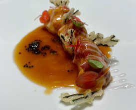 18. slowly roasted lobster with home-made kimchi, galanga, batter fried codium and super mellow White beef juice