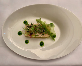 Spider crab salad, eggplant and fine herbs flavoured cheese and pine nuts