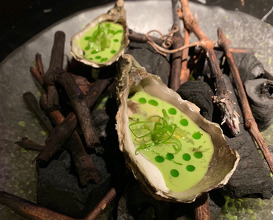 OYSTERS ON HOLIDAY TO ACAPULCO! Robata-chargrilled Oysters, Gazpacho of Jalapeño &e tomatillo verde, chlorophyll olive oil