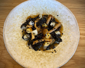 Trompette mushrooms pickled, shimeji, water chestnuts & scallop cured in miso 