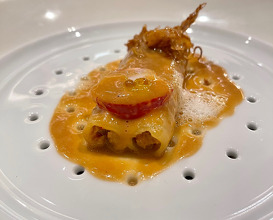Macaroni “surf and turf", lobster and artichokes, in two services